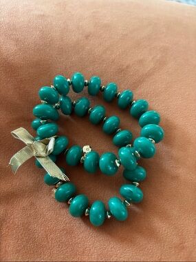 J. Crew Teal Beaded Stretch Bracelet with Gold Accents